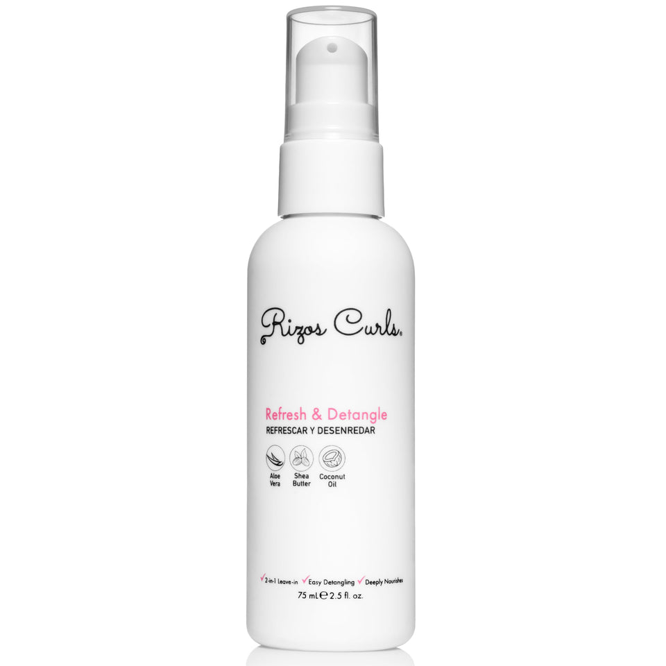 Rizos Curls front bottle showing travel refresh and detangle spray for easy hydration