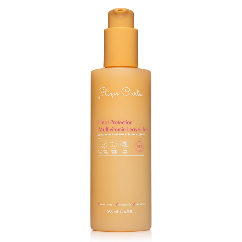 Rizos Curls front bottle showing product and clean design benefits shine