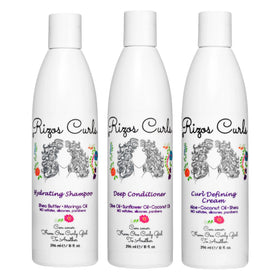 Rizos Curls front packaging showing full trio and benefit of balanced hydration