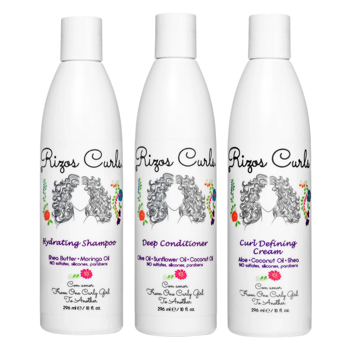 Rizos Curls front packaging showing full trio and benefit of balanced hydration