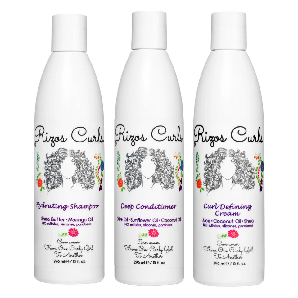Rizos Curls front packaging showing full trio and benefit of balanced hydration