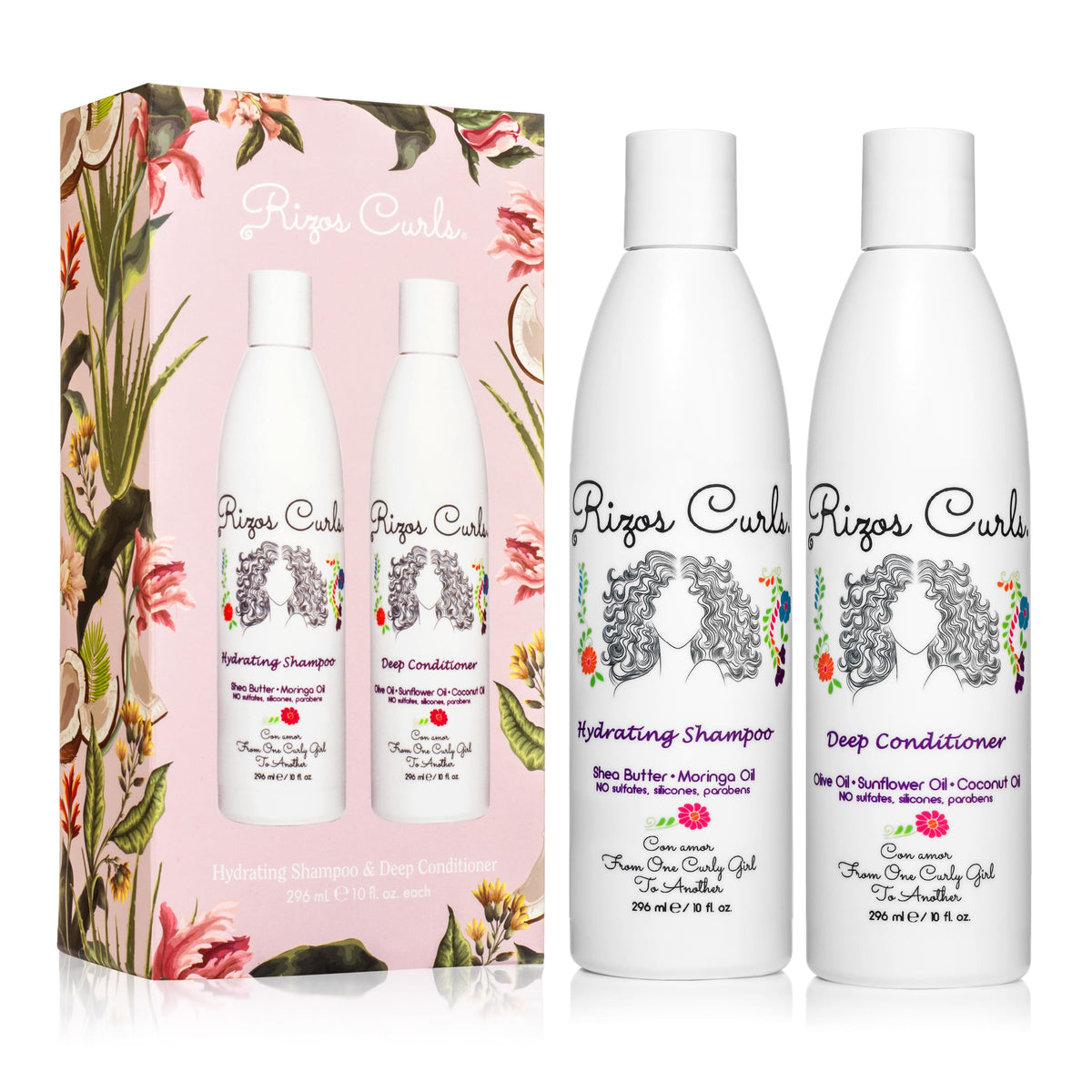 Rizos Curls front packaging of wash day bundle showing two bottles and benefits