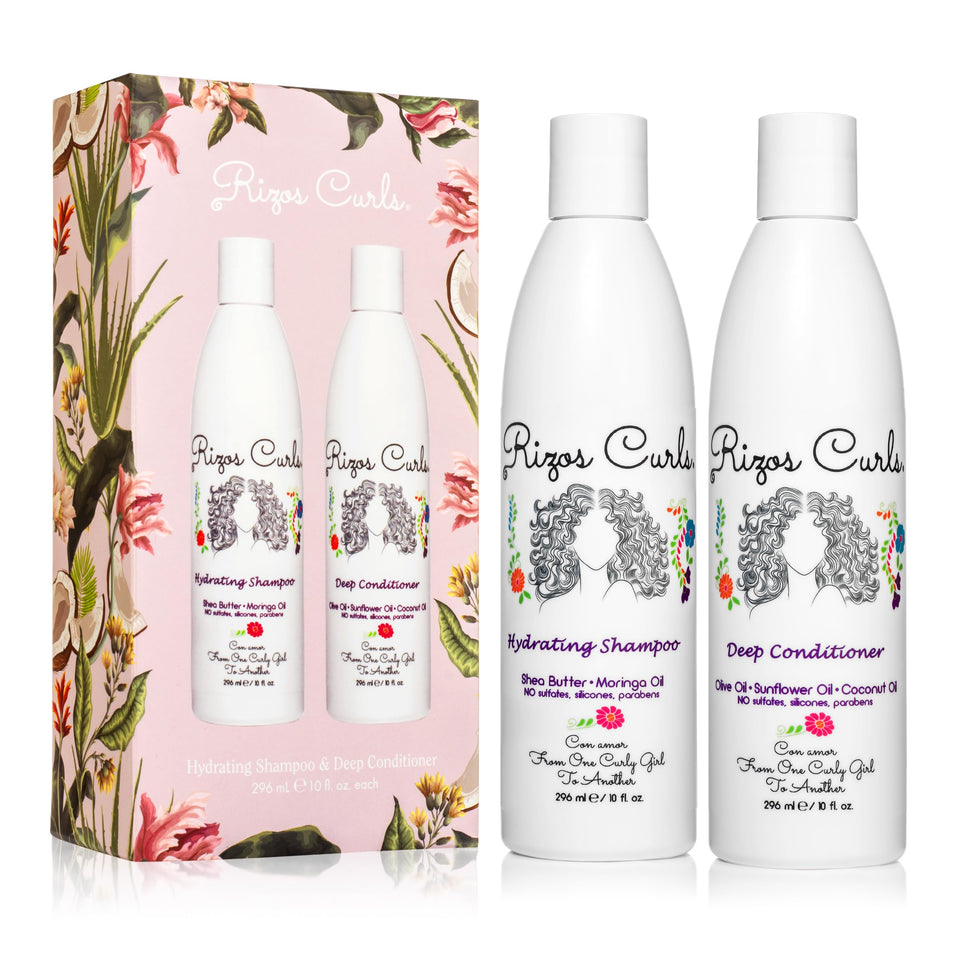 Rizos Curls front packaging of wash day bundle showing two bottles and benefits