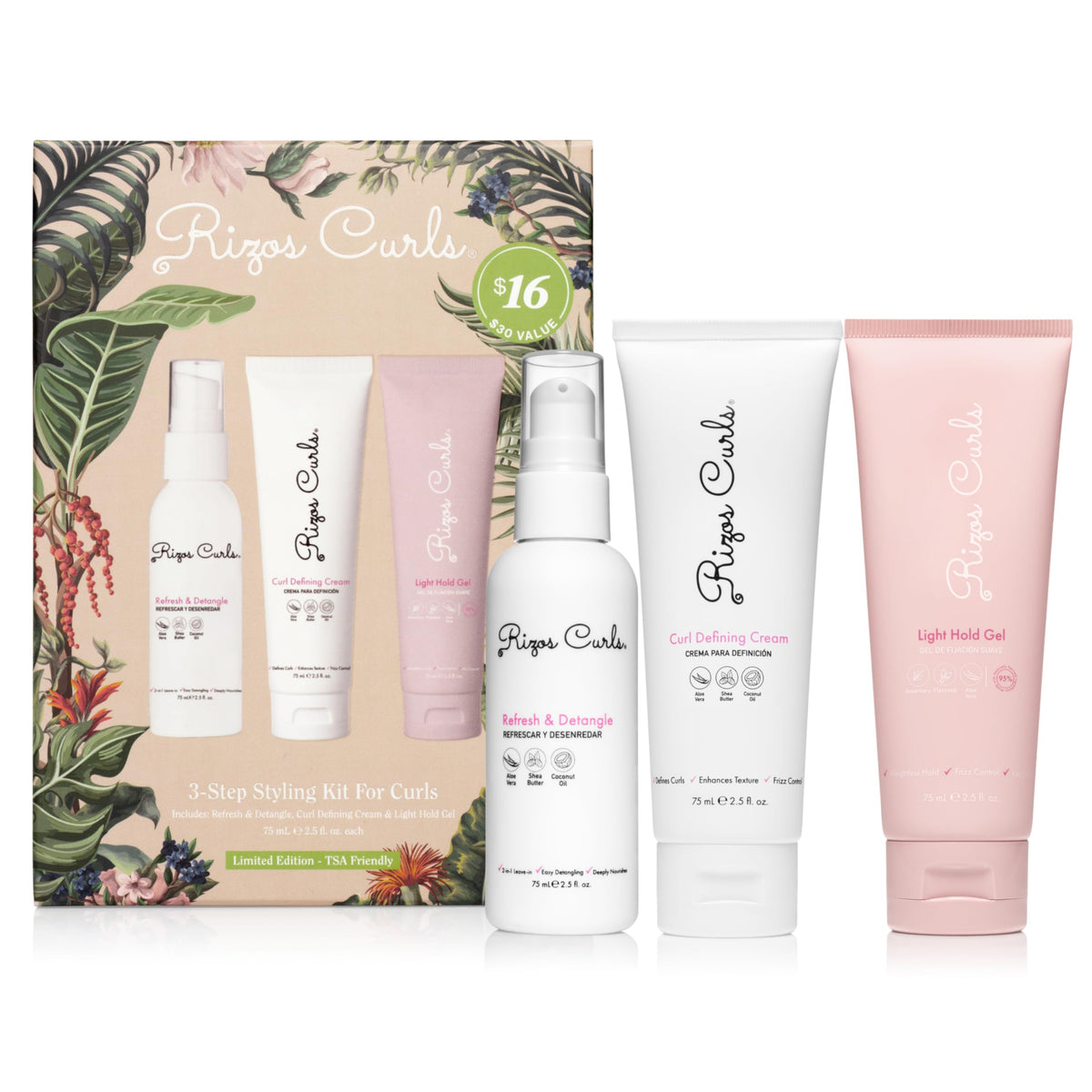 Rizos Curls front packaging showing three-step kit and routine benefits
