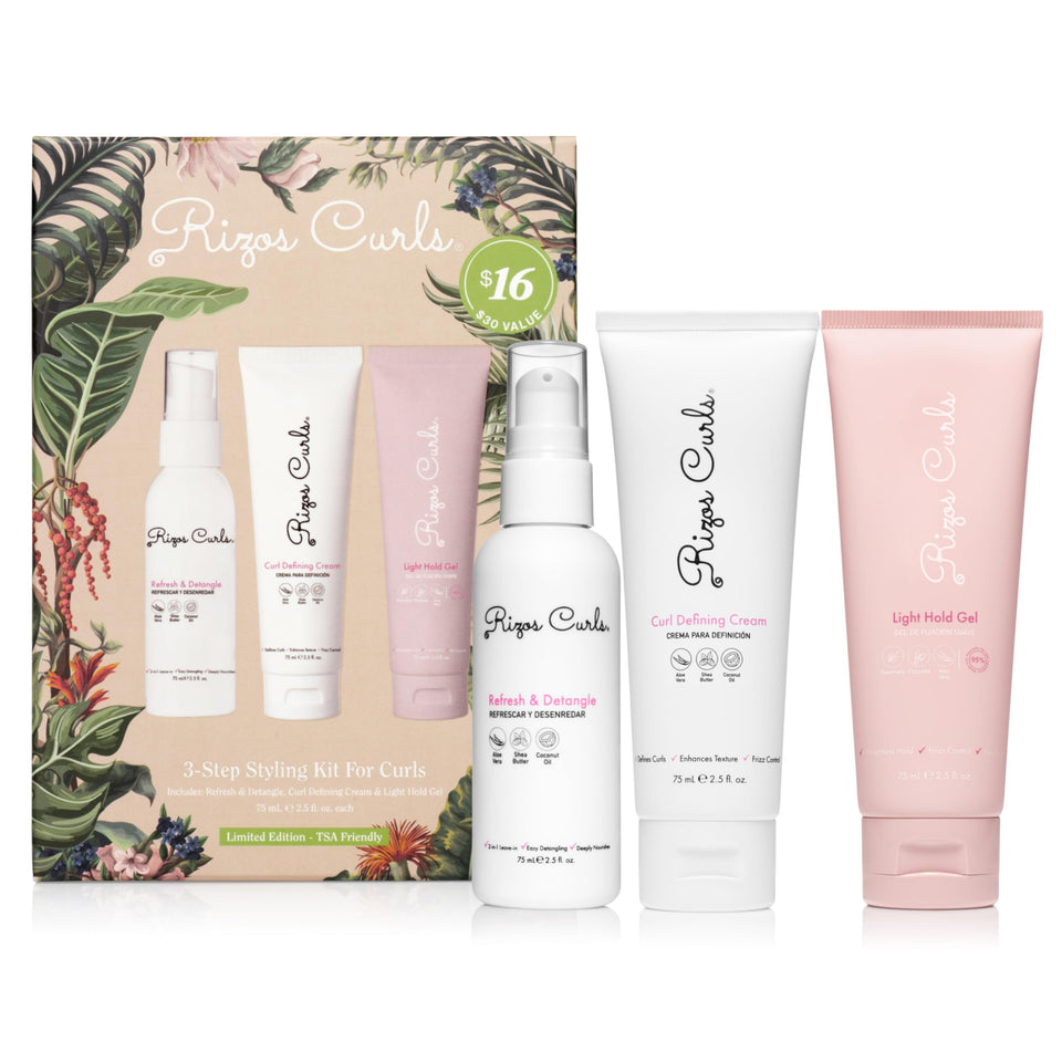 Rizos Curls front packaging showing three-step kit and routine benefits