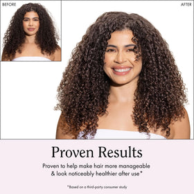 Rizos Curls bottle held in hand showing 2.5 oz travel size for portability