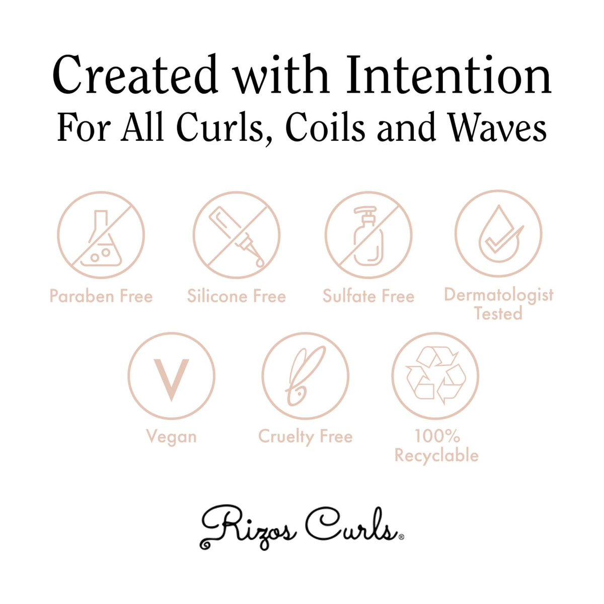 Rizos Curls label close-up showing directions and benefits for informed use