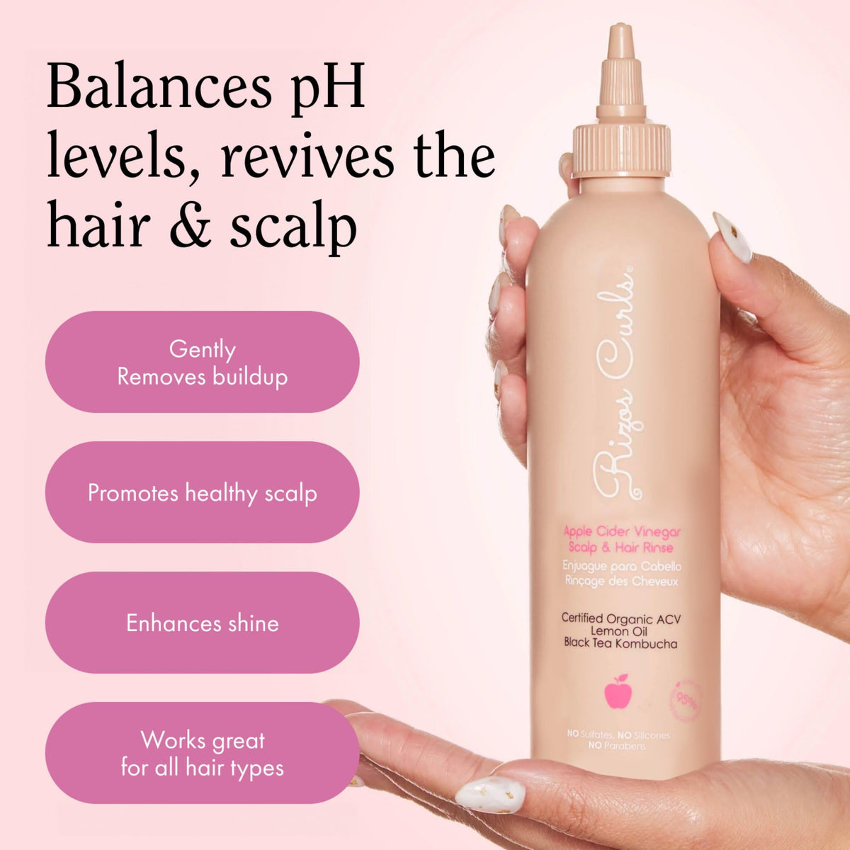 Rizos Curls label close-up listing apple cider vinegar and niacinamide
