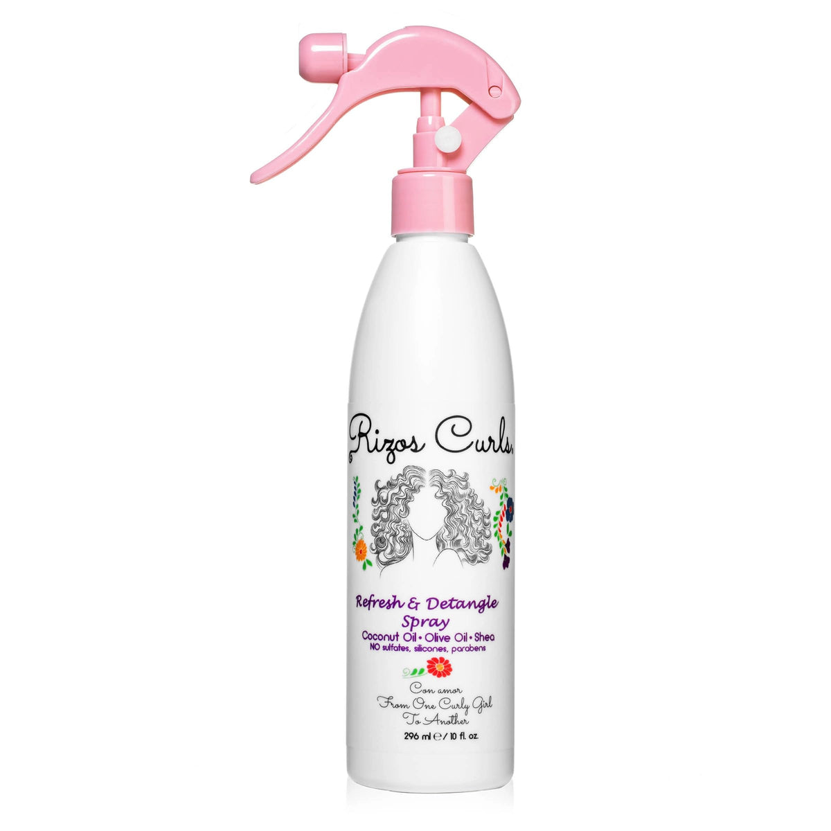 Rizos Curls front packaging showing bottle and branding with clear benefits