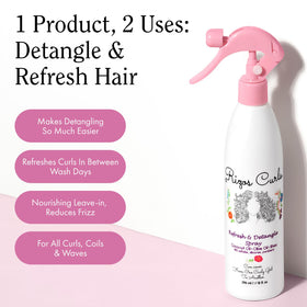 Rizos Curls bottle beside hand for scale and travel-friendly size indication