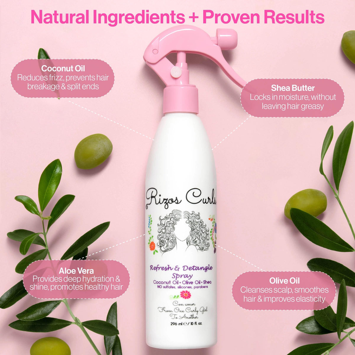 Rizos Curls spray pump close-up highlighting easy mist delivery and convenience