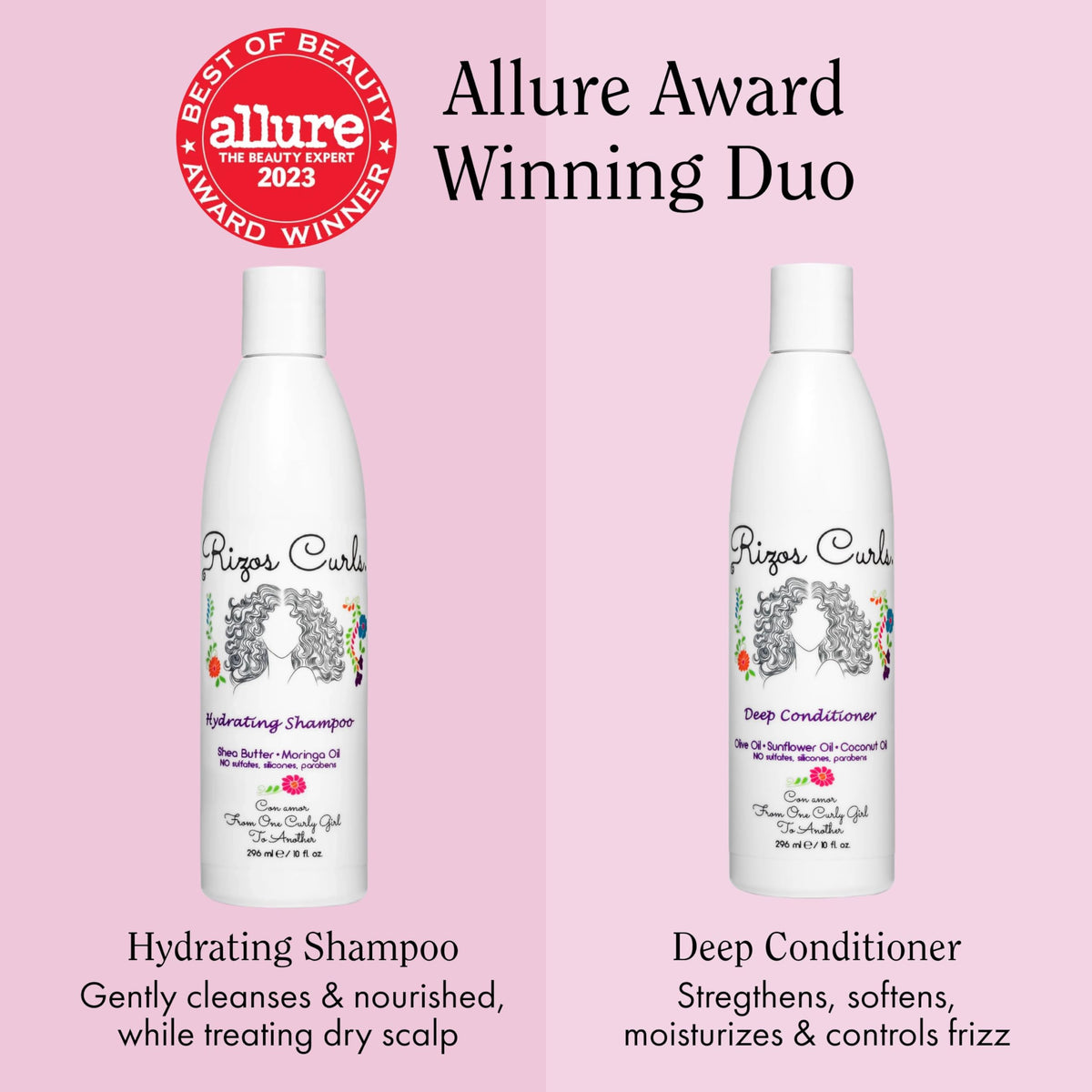 Rizos Curls shampoo pump close-up illustrating easy dispensing and gentle cleanse