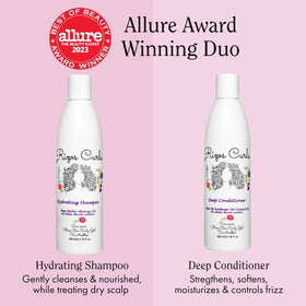 Rizos Curls shampoo pump close-up illustrating easy dispensing and gentle cleanse