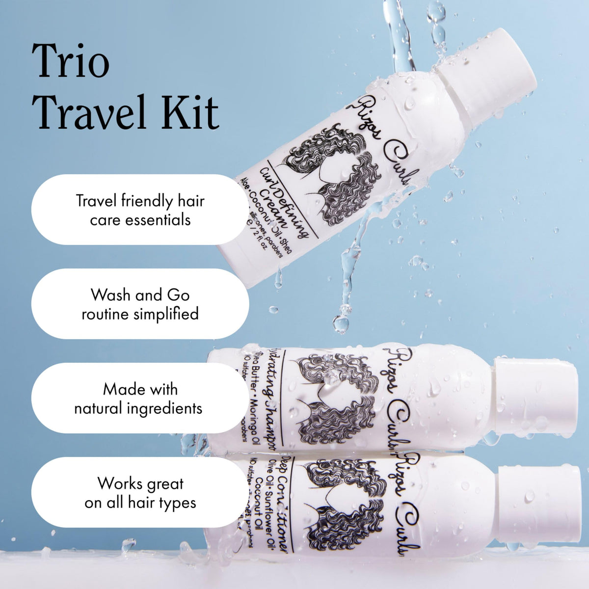 Rizos Curls kit beside passport and sunglasses, travel-size convenience
