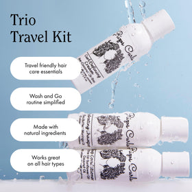 Rizos Curls kit beside passport and sunglasses, travel-size convenience