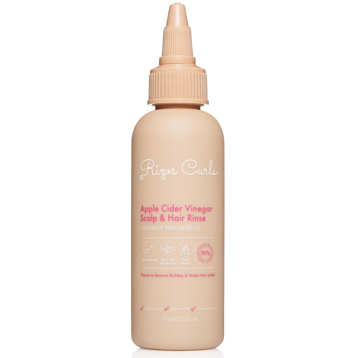 Rizos Curls travel bottle front showing compact clarifying rinse