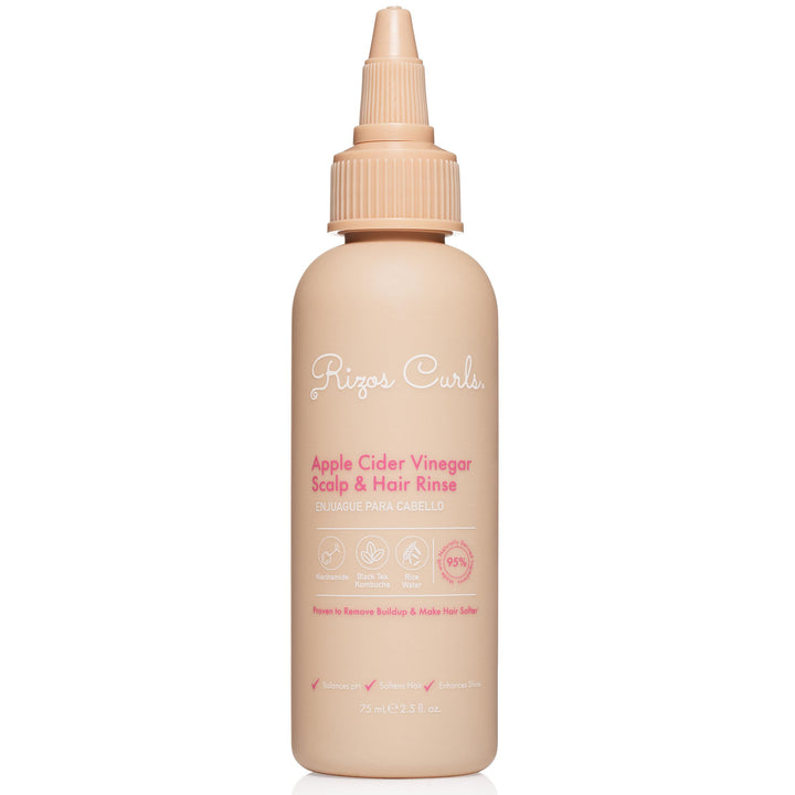 Rizos Curls travel bottle front showing compact clarifying rinse