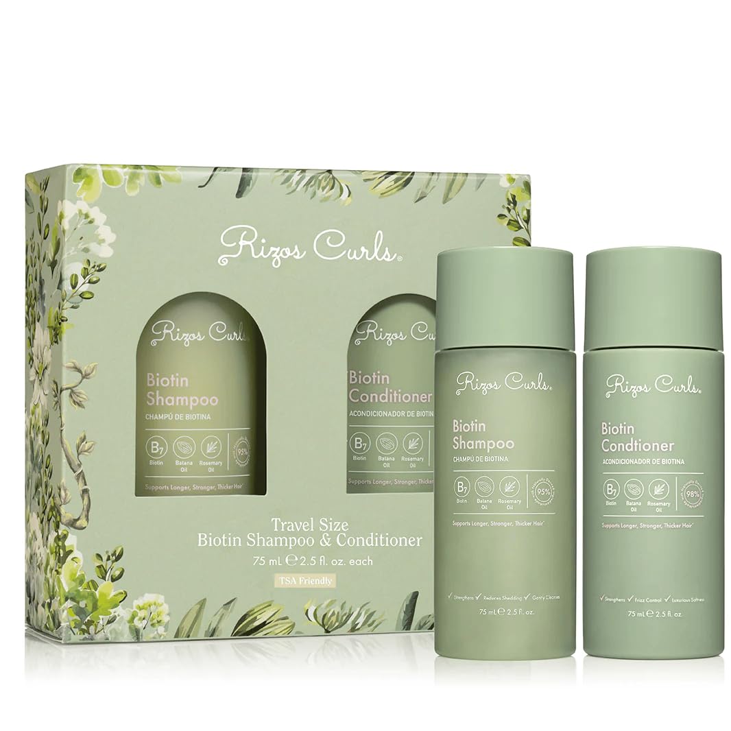 Rizos Curls front packaging showing travel-size bottles and invigorating scent benefit