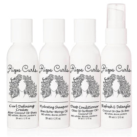 Rizos Curls travel kit front packaging showing four 2 fl oz bottles and labels for easy packing