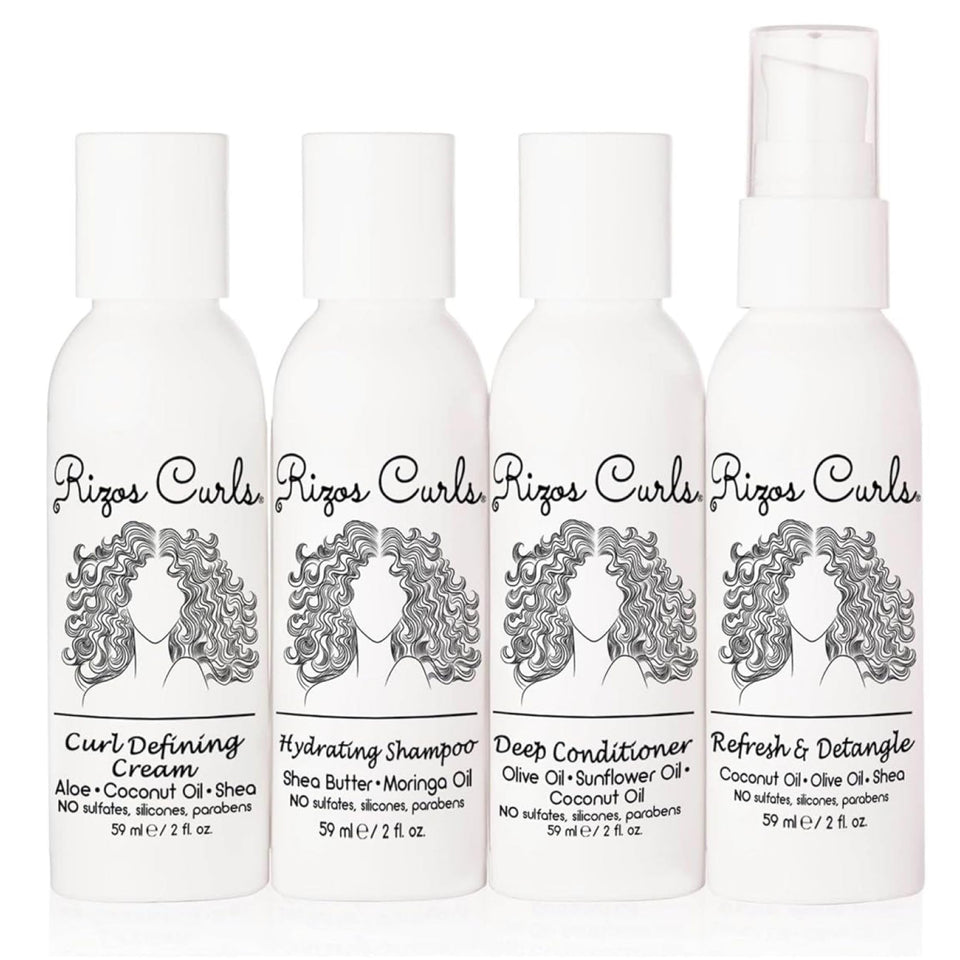 Rizos Curls travel kit front packaging showing four 2 fl oz bottles and labels for easy packing