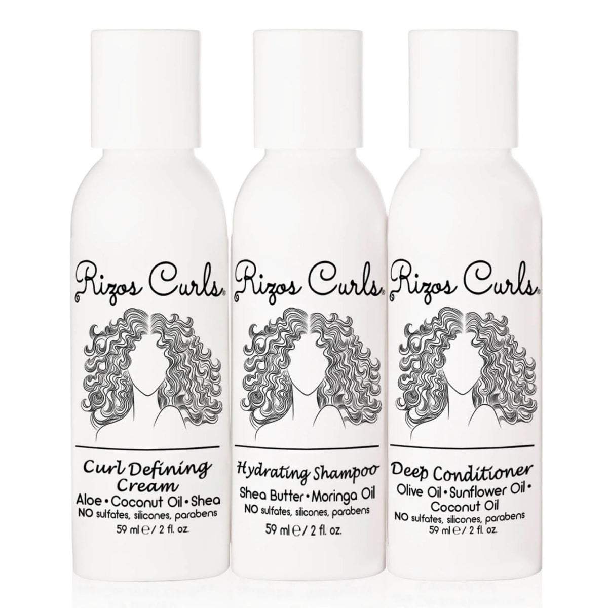 Rizos Curls trio front packaging showing three travel bottles, easy packing