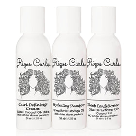 Rizos Curls trio front packaging showing three travel bottles, easy packing