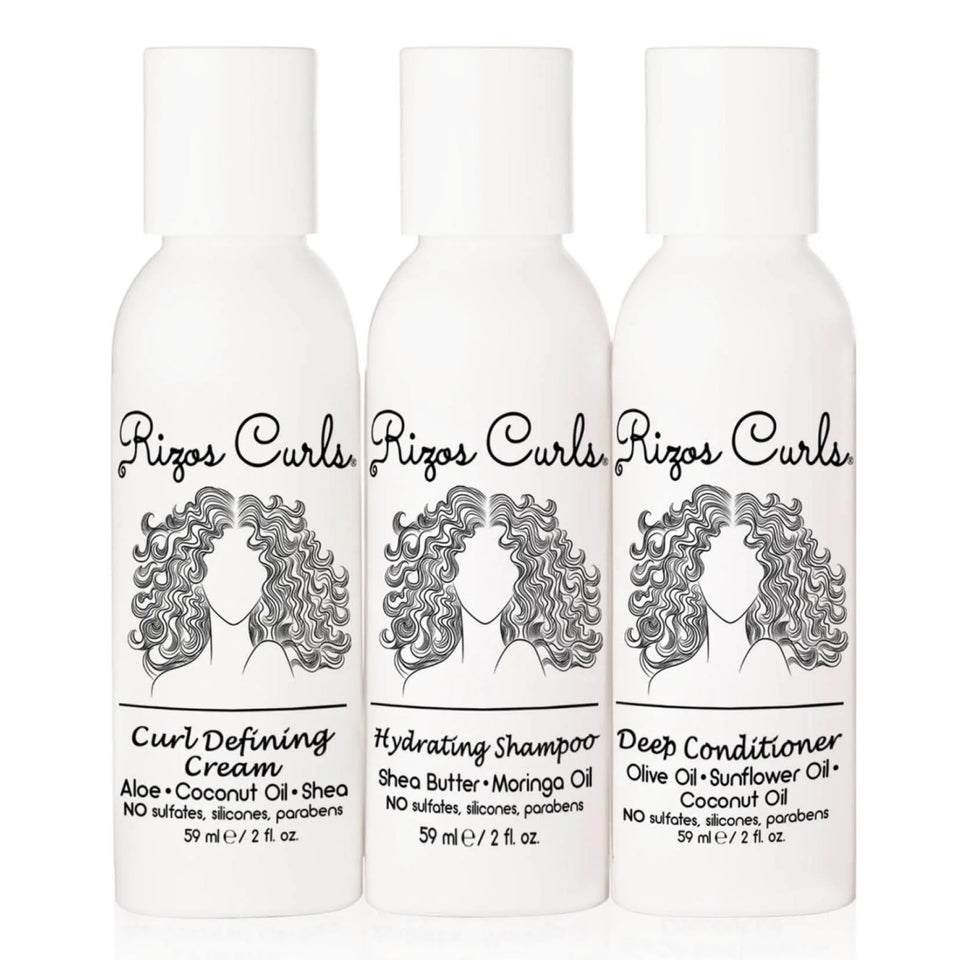 Rizos Curls trio front packaging showing three travel bottles, easy packing