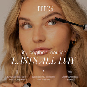 RMS Beauty mascara brush close-up demonstrating precise lash coating benefit