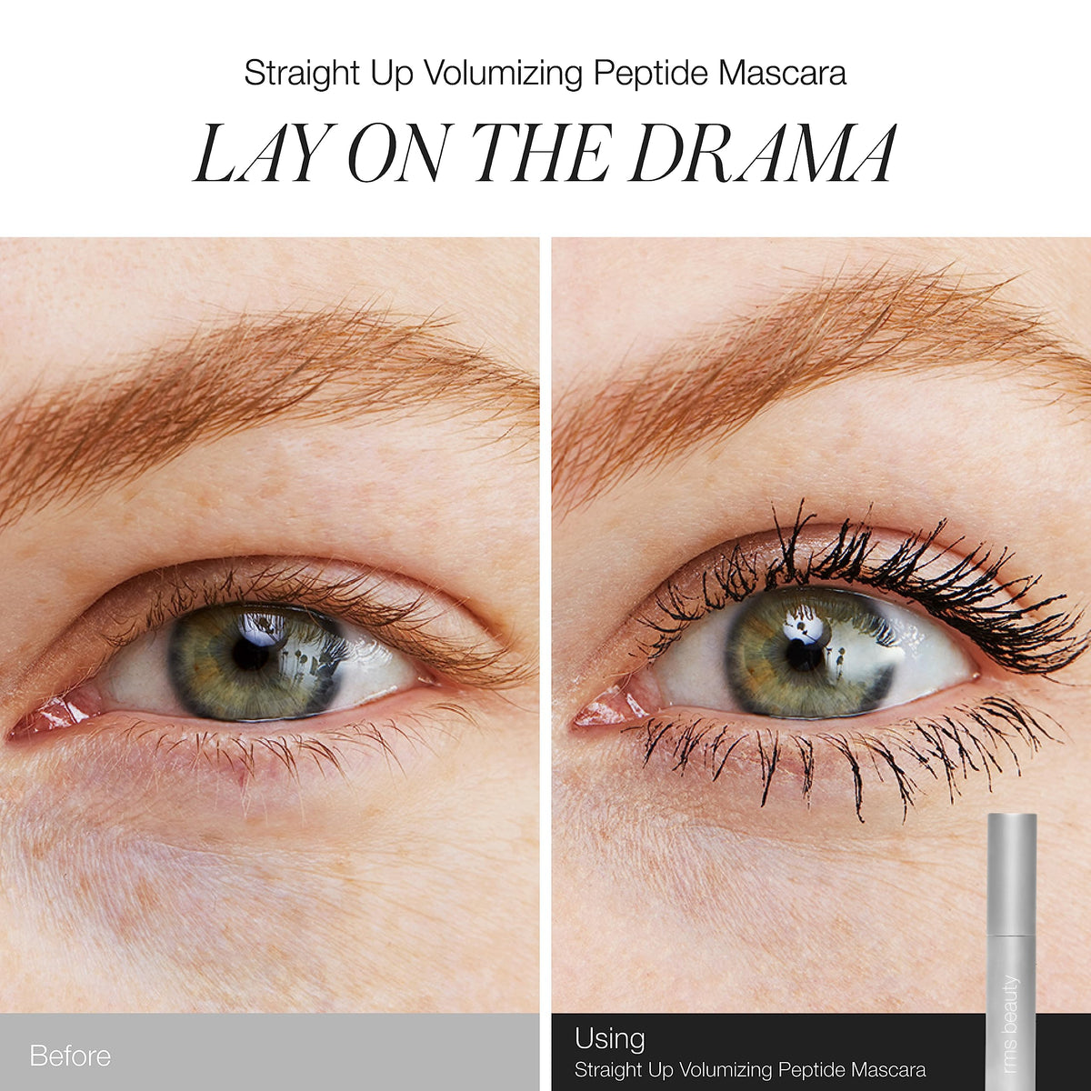 RMS Beauty lash before and after demonstrating visible volume and length