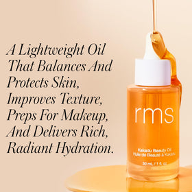 RMS Beauty oil texture close-up displaying lightweight sheen and absorption benefit