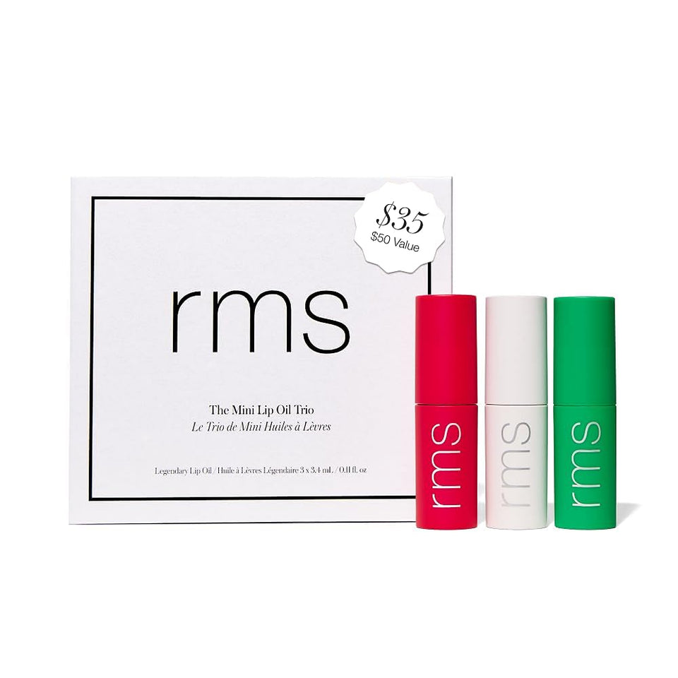 RMS Beauty front packaging of mini lip oil trio, ready-to-gift