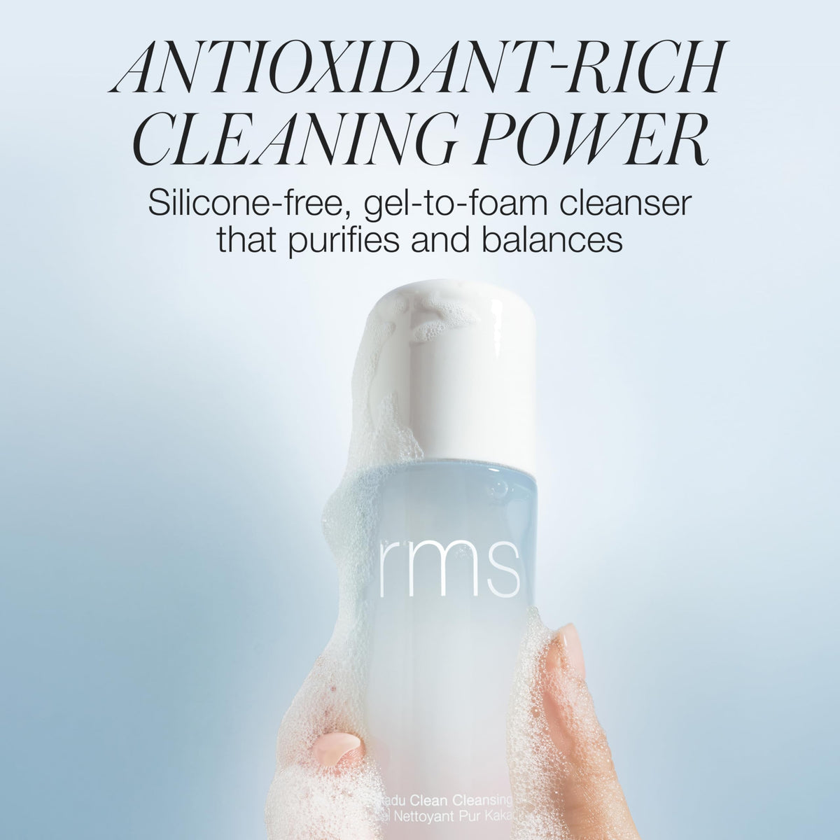 RMS Beauty pump and label detail highlighting ingredients and clean formulation benefits