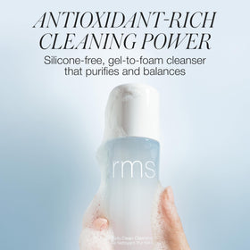 RMS Beauty pump and label detail highlighting ingredients and clean formulation benefits