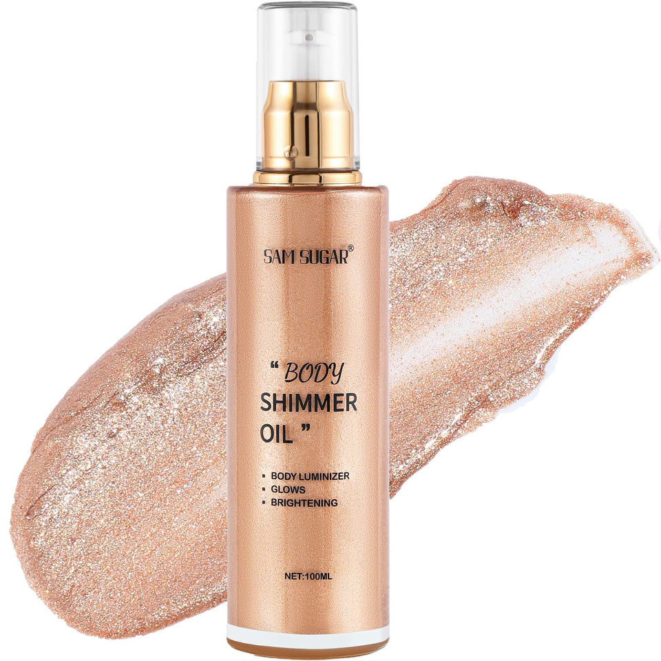 RMYHIG shimmer body oil front bottle showing rose gold label and cap