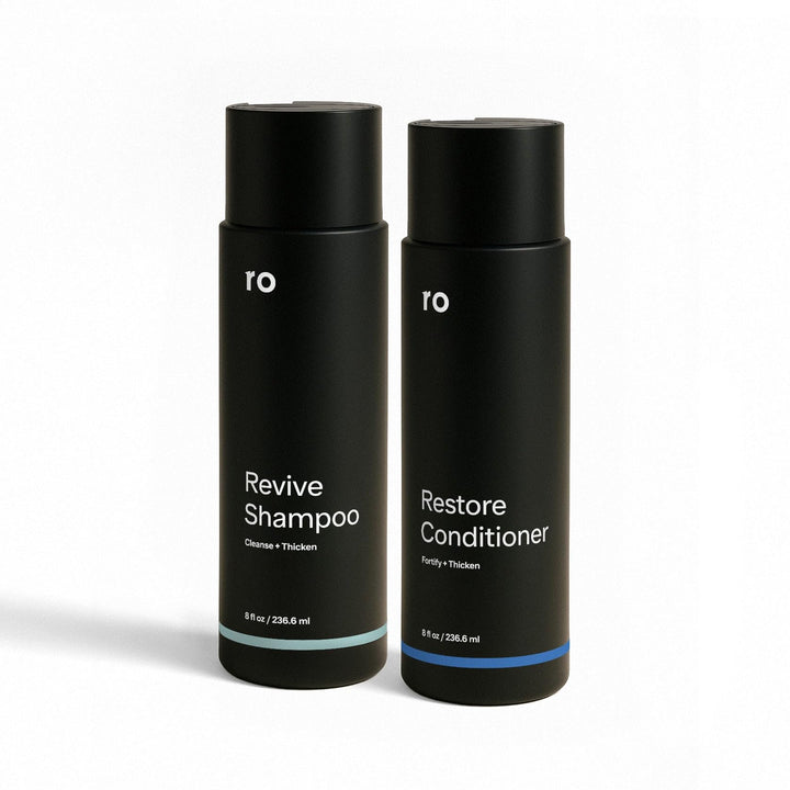 Ro front packaging of shampoo and conditioner showing duo benefits and scent
