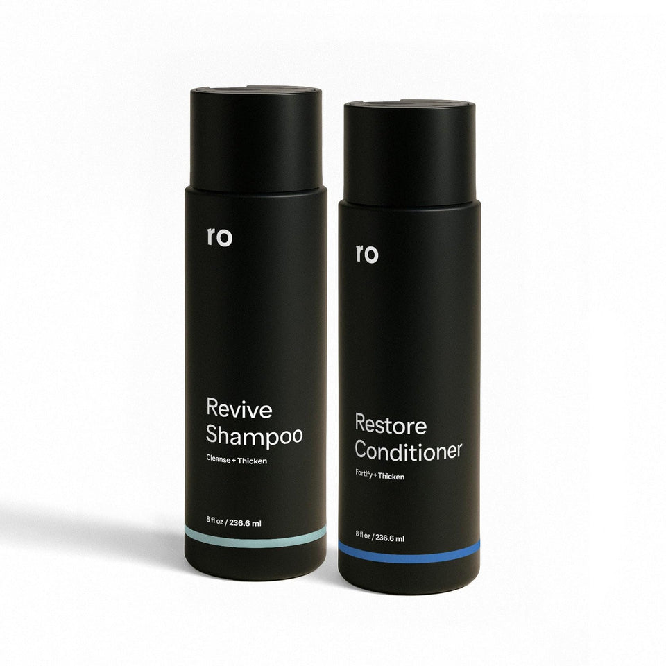 Ro front packaging of shampoo and conditioner showing duo benefits and scent
