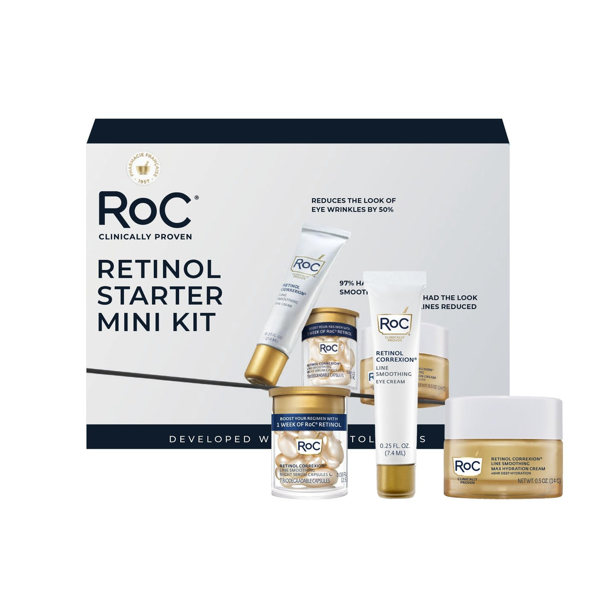 RoC kit front packaging showing full three-piece routine and travel-friendly size benefit