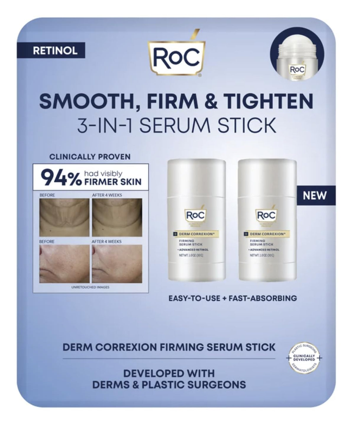 RoC front packaging of firming serum stick showing two-pack convenience and portability