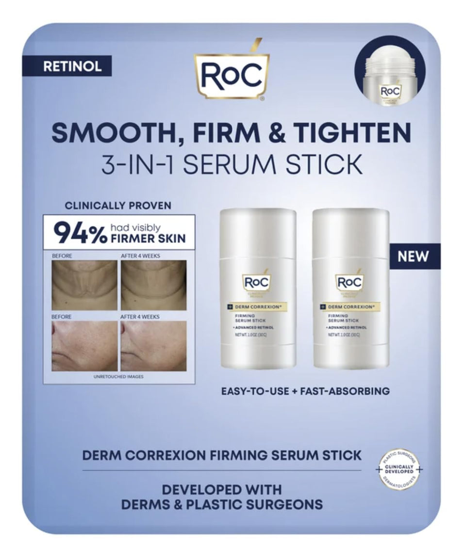 RoC front packaging of firming serum stick showing two-pack convenience and portability