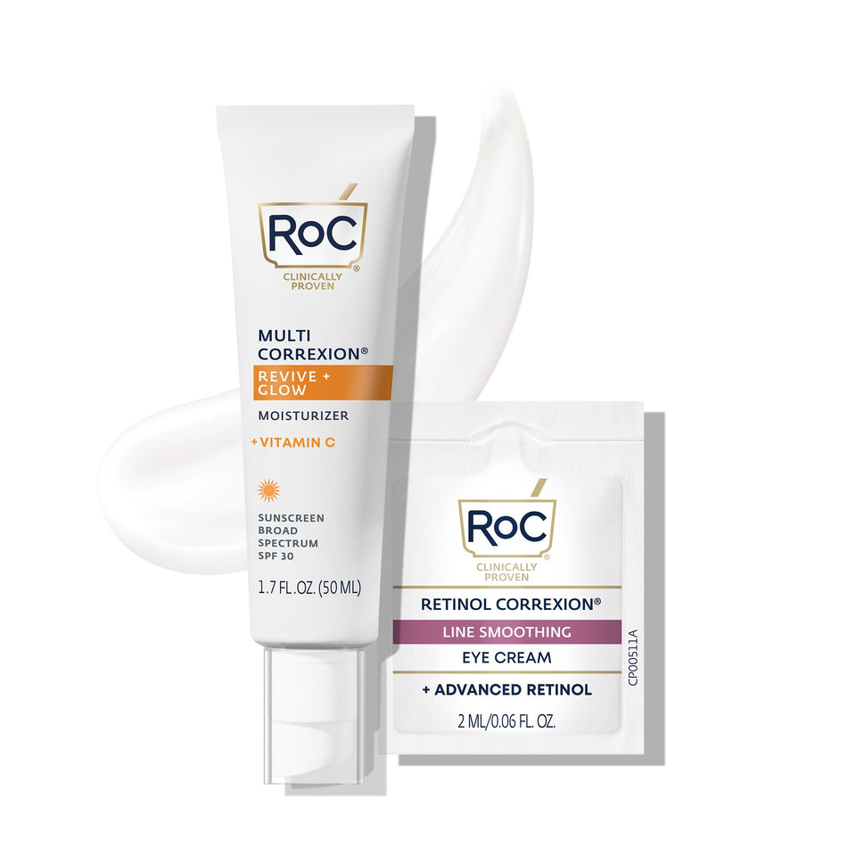 RoC front packaging showing Revive + Glow SPF 30 and benefits