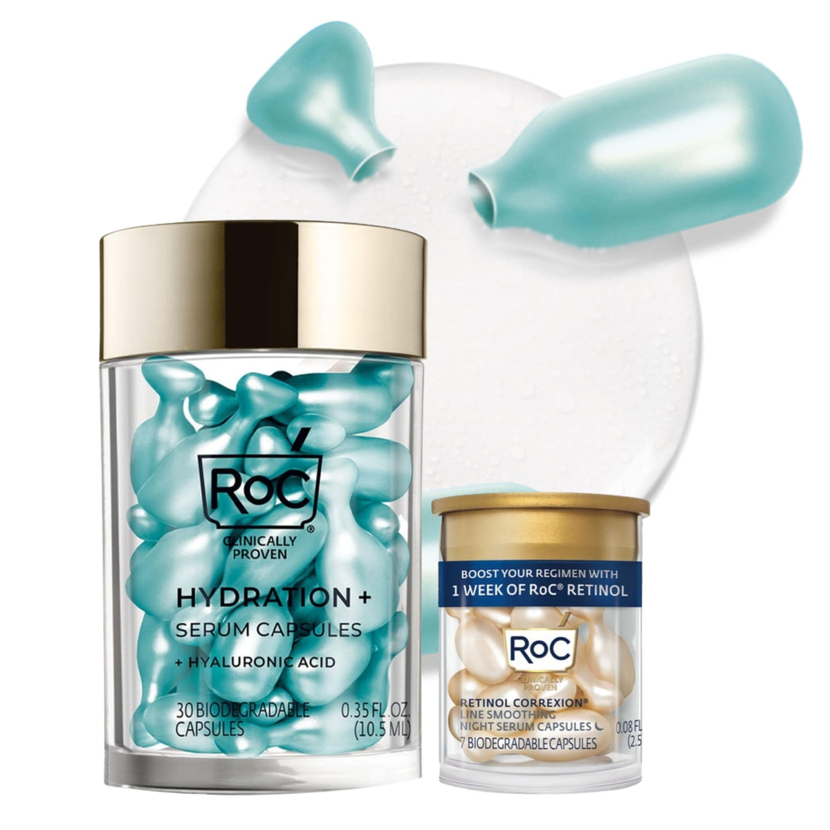 RoC front packaging showing 30 hyaluronic serum capsules, clear dosing benefit