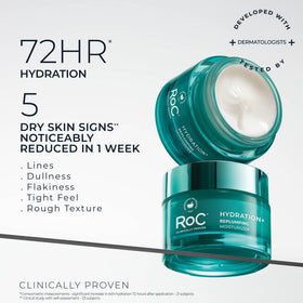 RoC Hydration+ ingredient arrangement highlighting hyaluronic acids for plumping benefit