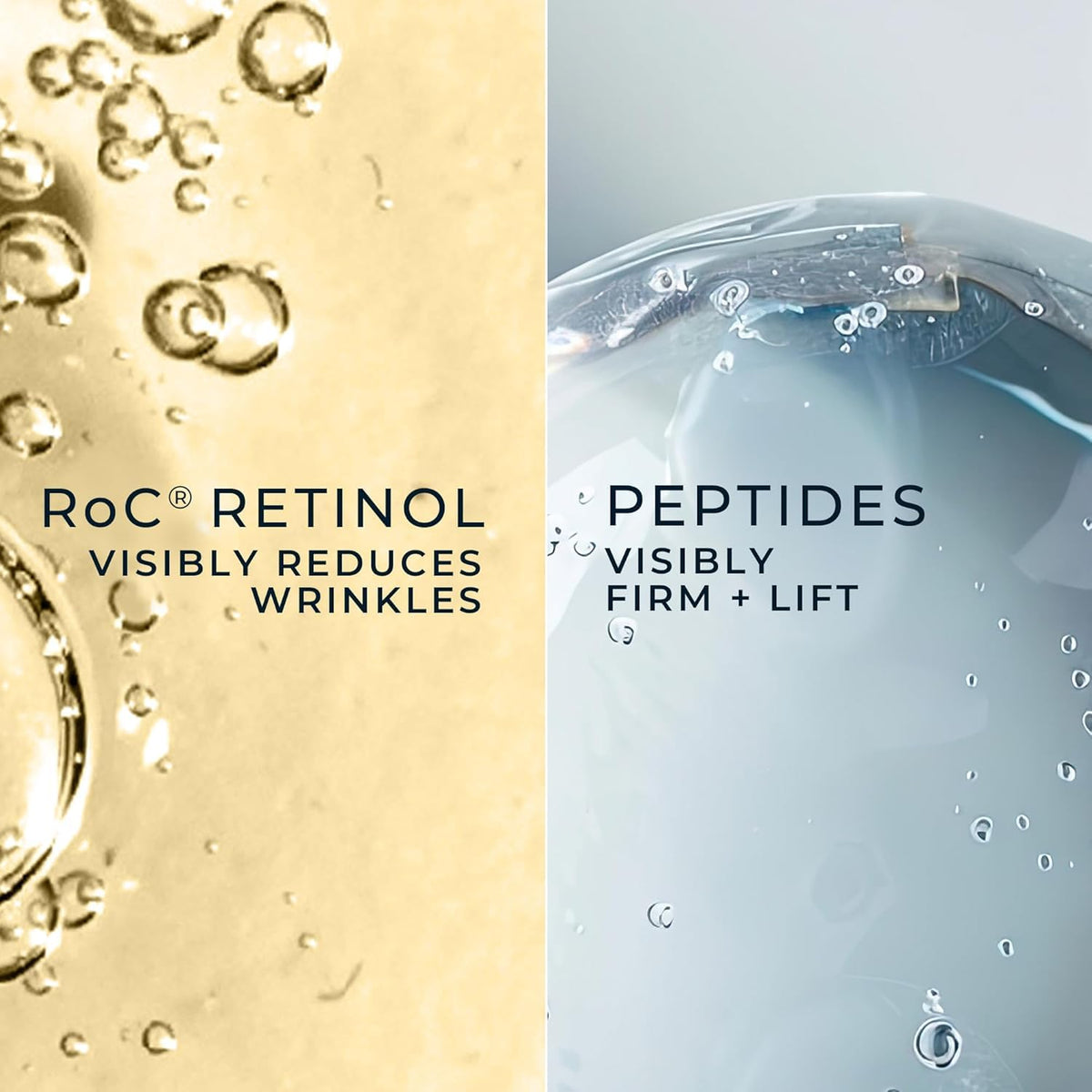 RoC label and ingredients panel closeup showing retinol and peptides benefit