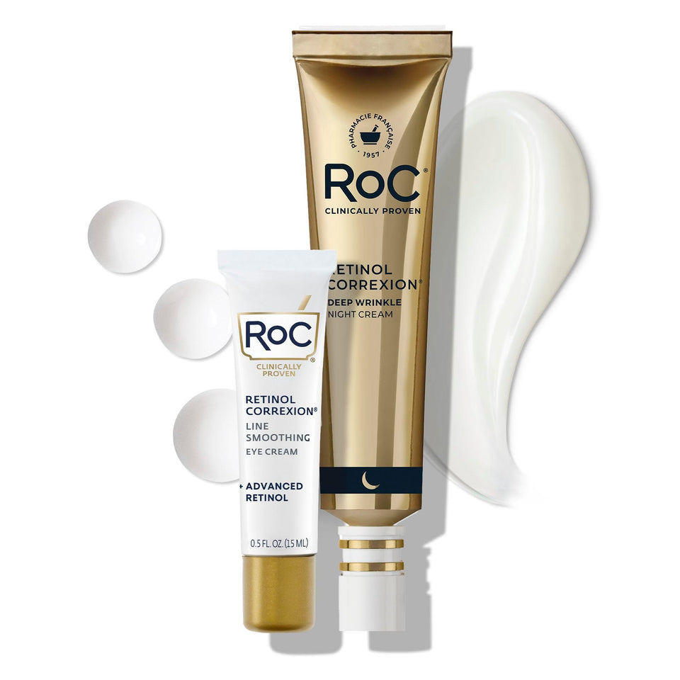 RoC front packaging showing both night cream and eye cream, helps routine simplicity