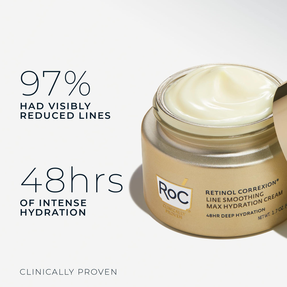 RoC open jar top-down view showing smooth hyaluronic-infused moisturizer