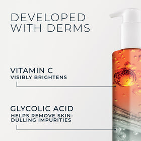 RoC bottle beside ingredient list emphasizing vitamin C and glycolic acid