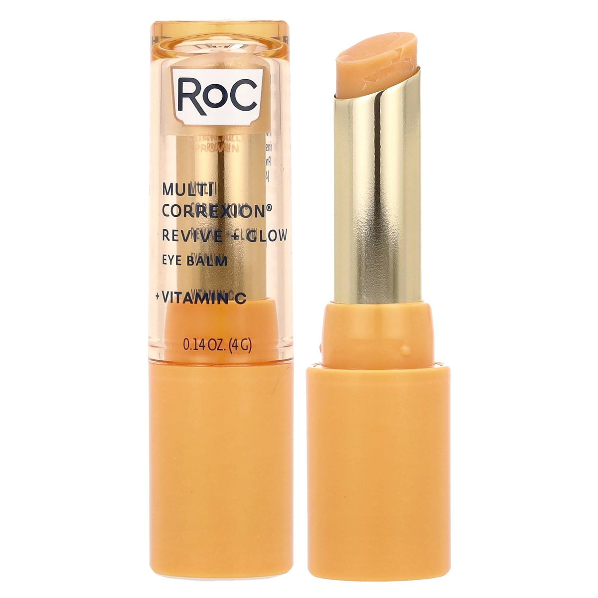RoC front view of revive & glow eye balm showing compact stick for travel convenience