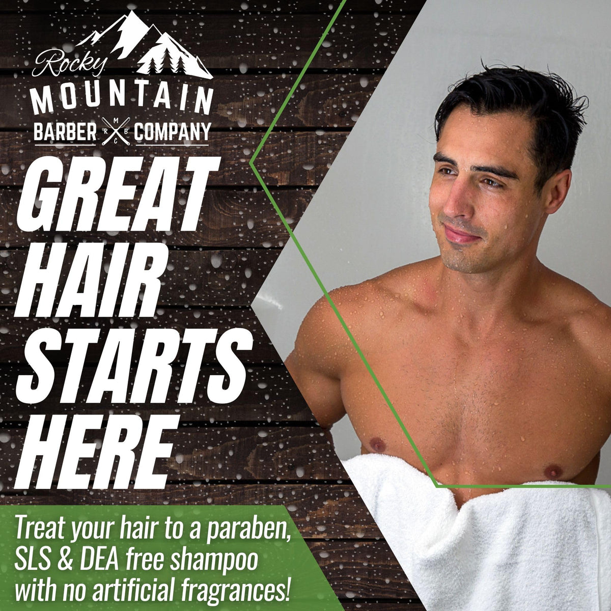 Rocky Mountain Barber Company close-up label detail highlighting essential-oil scent