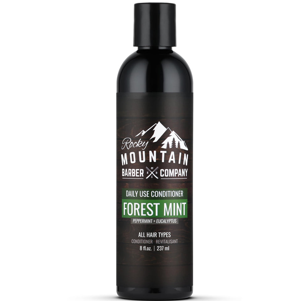 Rocky Mountain Barber Company front bottle shows 8oz label and easy-grip cap benefits