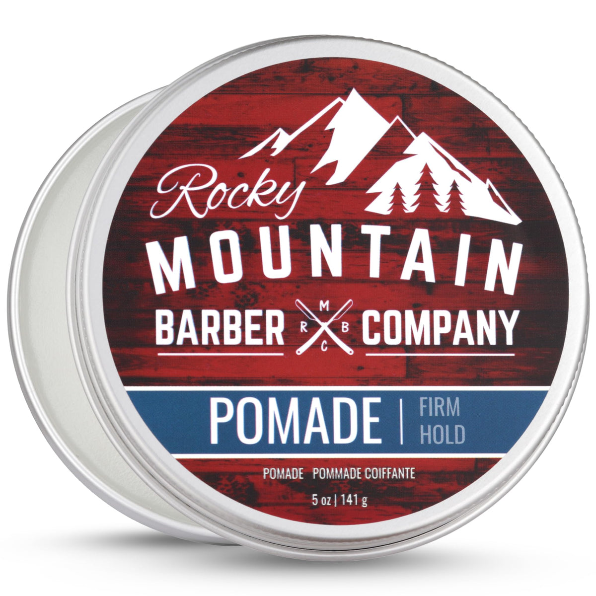 Rocky Mountain Barber Company front tin showing label and polished packaging benefit